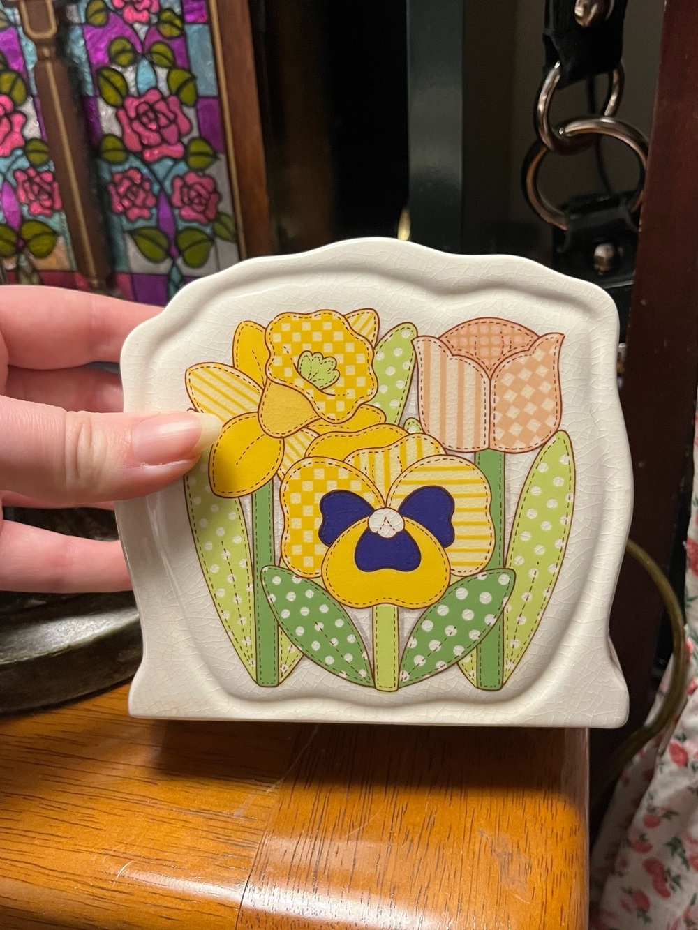 Vintage 1984 Enesco Japan Patchwork Floral Ceramic Napkin Holder